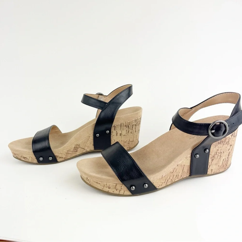 Abella True Comfort Daisy Black Cork Wedge Size 10